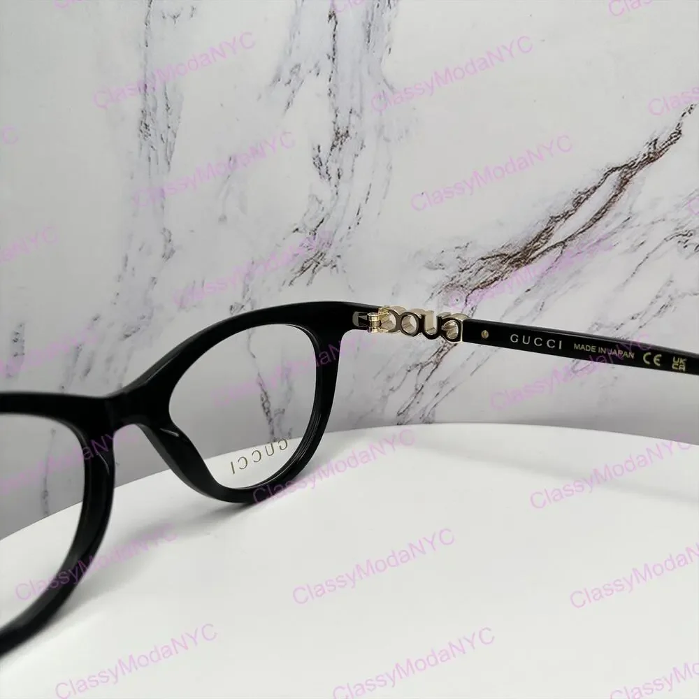 New GUCCI Eyeglasses Black 50mm Acetate Cat Eye Gold Cut Out Metal Logo Rx-able